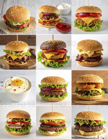Collage of various fast food meals. beagles, hamburger, cheeseburger, french fries and a view green salad pieces, unhealthy lifestyle, symbol for bad nutrition, wallpaper illustration for banner or template background, AI generated