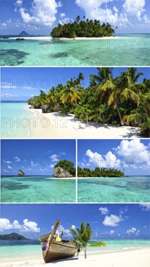 Collage of tropical islands with beach and palm trees, paradise with blue cloudy sky, turquoise water, green plant, sandy shore, wallpaper illustration, template or banner for ecology, sustainability, landscape and travel, AI generated
