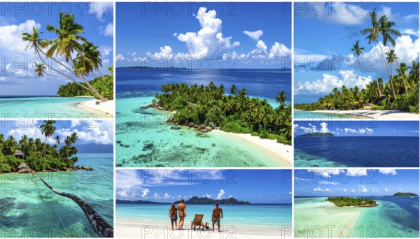 Collage of tropical islands with beach and palm trees, paradise with blue cloudy sky, turquoise water, green plant, sandy shore, wallpaper illustration, template or banner for ecology, sustainability, landscape and travel, AI generated