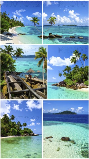 Collage of tropical islands with beach and palm trees, paradise with blue cloudy sky, turquoise water, green plant, sandy shore, wallpaper illustration, template or banner for ecology, sustainability, landscape and travel, AI generated