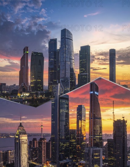 Collage of skyscrapers of a metropolitan city, various skylines with different blue sky in sunset, urban wallpaper illustration background, banner or template for real estate and travel themes, AI generated