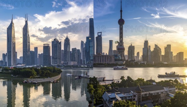 Collage of skyscrapers of a metropolitan city, various skylines with different blue sky in sunset, urban wallpaper illustration background, banner or template for real estate and travel themes, AI generated
