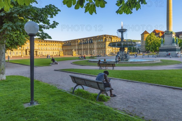 Summer evening on Schlossplatz with New Palace, Stuttgart, Baden-Württemberg, Germany, Stuttgart, Baden-Württemberg, Germany