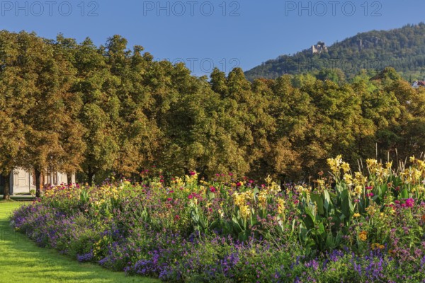 View from the spa park in Baden-Baden to the old castle in Hohenbaden, Black Forest, Baden-Württemberg, Germany