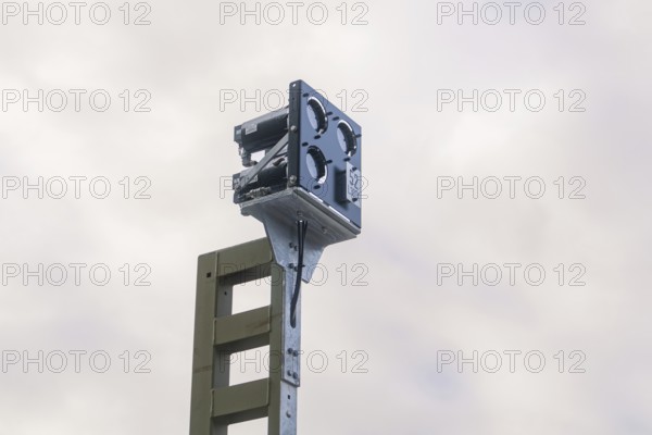 Close-up of a camera or sensor construction against a cloudy sky, signal building at the Hermann Hessebahn, Calw, Germany
