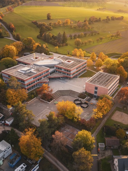 Maria von Linden Gymnasium school building in rural autumn surrounded by colorful trees, taken from the air, Calw, Black Forest, Germany