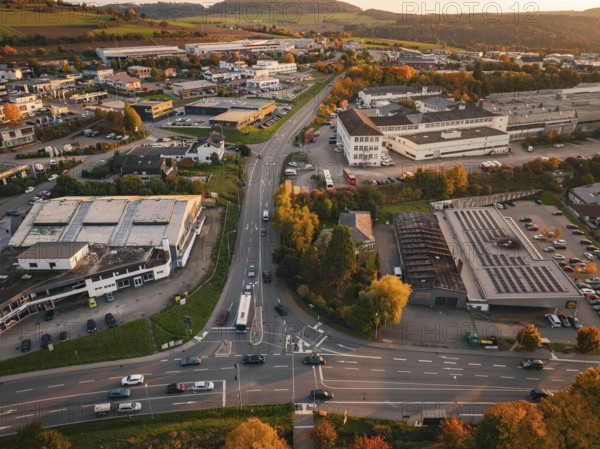 Industrial landscape with busy roads and autumnal atmosphere, Calw, Black Forest, Germany