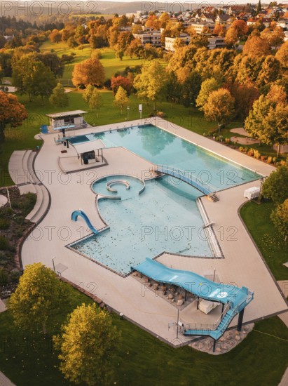 Outdoor pool with blue slides and swimming pools in autumnal parkland, Calw, Black Forest, Germany