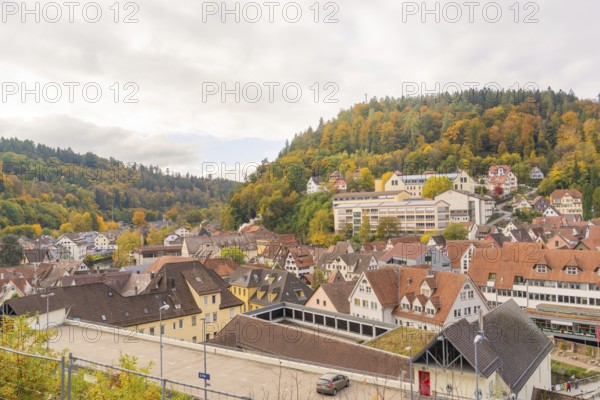 Historic town with half-timbered houses and autumn trees under cloudy sky, Calw, Black Forest, Germany
