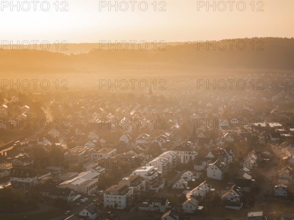 Aerial view of a village in morning fog at sunrise with warm orange light, Calw Stammheim, Black Forest, Germany