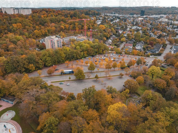 Outskirts of town with colorful trees, roads and adjacent buildings, Sindelfingen, Böblingen district, Germany
