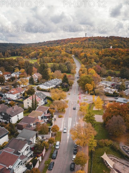 Aerial view of country road through a hilly autumn landscape with colorful trees, Sindelfingen, Böblingen district, Germany