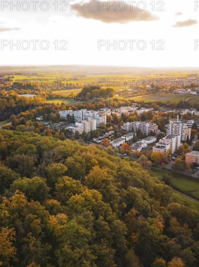 City view with forest in autumn ambiance, Sindelfingen, Böblingen district, Germany