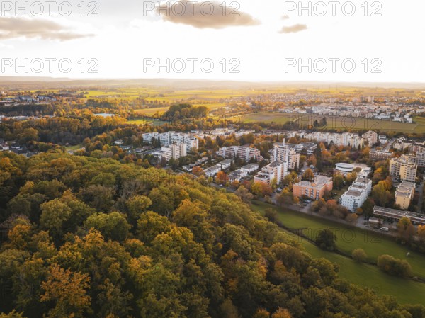 City view and forest in autumn sunlight, Sindelfingen, Böblingen district, Germany