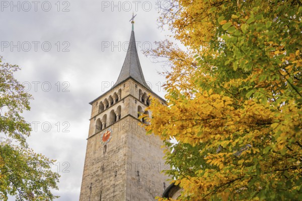 View of a tall church tower overshadowed by golden leaves, Sindelfingen, Böblingen district, Germany