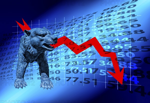 Symbolic picture, bear stands for stock market bear market, Wall Street and DAX crash, President Trump erratic decisions, global tariffs, share prices, euro, euro exchange rate, euro low, exchange rates, dollar parity, investment, recession concerns, inflation, export, raw materials and intermediate products in dollars, oil in dollars, world crisis, Ukraine war, Germany, loss of deatimore, autocracy, China, Russia