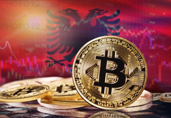 Bitcoin with Albania flag in the background. Investors in cryptocurrency and Blockchain Technology in Albania, Concept
