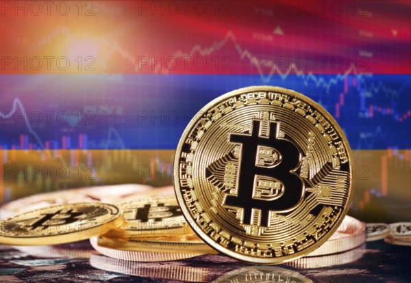 Bitcoin with Armenia flag in the background. Investors in cryptocurrency and Blockchain Technology in Armenia, Concept