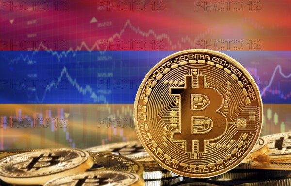 Investors in cryptocurrency and Blockchain Technology in Armenia, Concept. Bitcoin with Armenia flag in the background