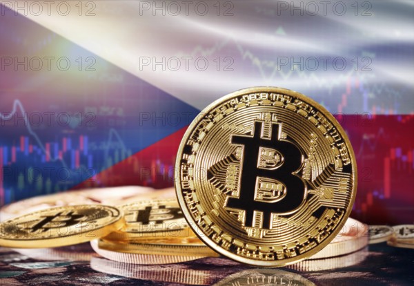 Bitcoin with Czech Republic flag in the background. Investors in cryptocurrency and Blockchain Technology in Czech Republic, Concept