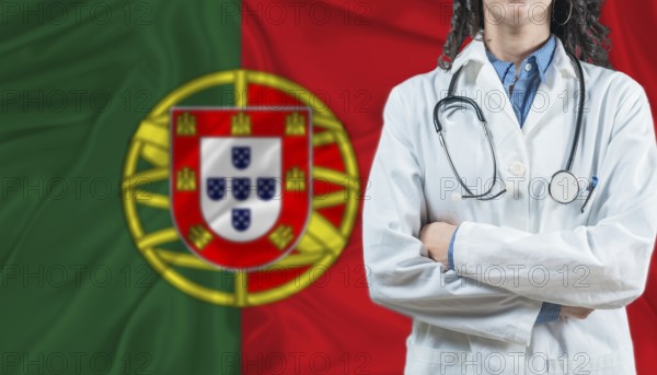 Medical professional on Portuguese flag. Healthcare and wellness in Portugal, Concept