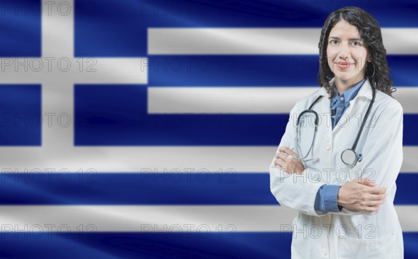 Greek medicine and healthcare concept. Close up of doctor against Greece flag background