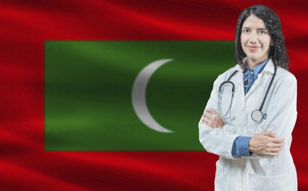 Maldivian medicine and healthcare concept. Close up of doctor against Maldivian flag background