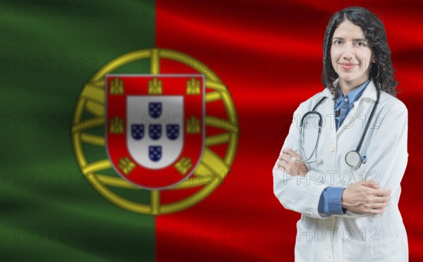 Portuguese medicine and healthcare concept. Close up of doctor against Portuguese flag background