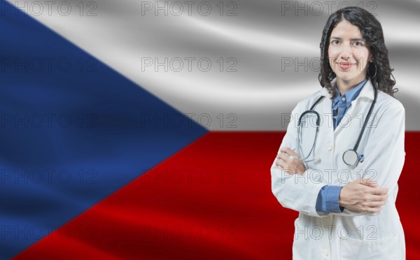 Czech medicine and healthcare concept. Close up of doctor against Czech flag background