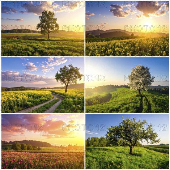 Collage of spring and summer landscapes, blooming flowers, green meadows and trees, hilly landscape with mountains, blue cloudy sky with sunrise or sunset, wallpaper illustration for banner or template background, AI generated