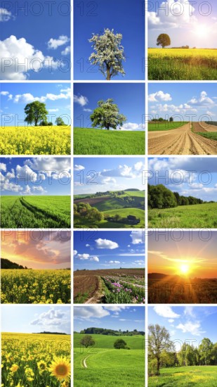 Collage of spring and summer landscapes, blooming flowers, green meadows and trees, hilly landscape with mountains, blue cloudy sky with sunrise or sunset, wallpaper illustration for banner or template background, AI generated