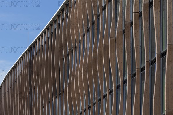 Modern wooden façade with larch pilasters, architecture firm caspar.schmitzmorkramer, Deiker Höfe, Düsseldorf, North Rhine-Westphalia, Germany