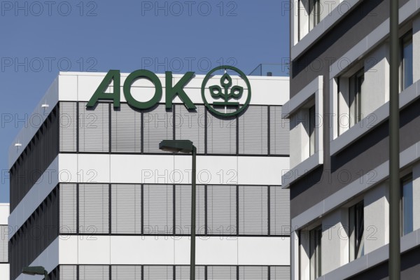 AOK Rheinland Hamburg, logo on building, health insurance, Düsseldorf, North Rhine-Westphalia, Germany