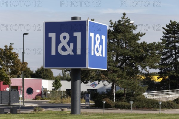 Telecommunications company 1&1, advertising column at the company headquarters 1&1 Versatel, United Internet AG, Düsseldorf, North Rhine-Westphalia, Germany