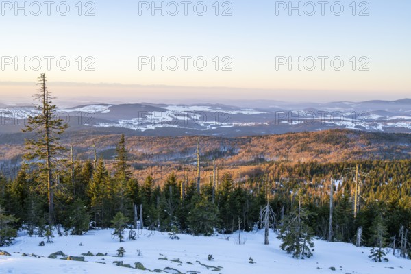 View from Mount Lusen over the hills of the bavarian forest at sunrise in winter, Bavaria, Germany