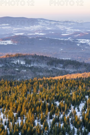 View from Mount Lusen over the hills of the bavarian forest at sunrise in winter, Bavaria, Germany