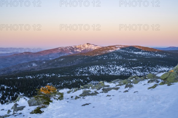 View from Mount Lusen over the hills of the bavarian forest at sunrise, Bavaria, Germany