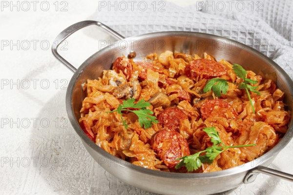 Polish dish bigos, in a stainless steel pan, stewed meat with cabbage, chorizo sausages, mushrooms, homemade, without people