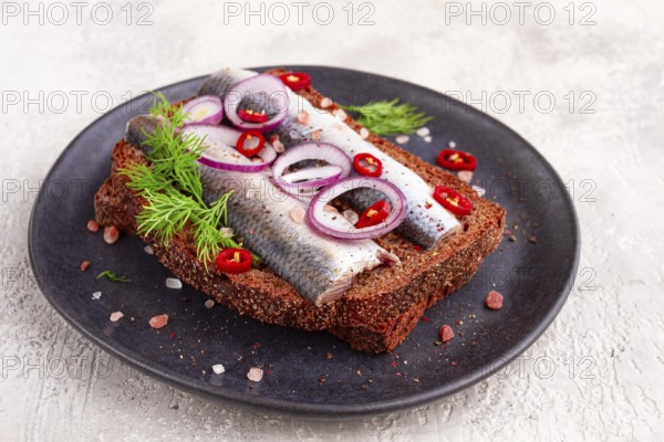 Sandwiches, herring fish, on dark rye bread, sprinkled with onion, chili pepper and herbs, on a dark plate