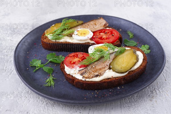 Sandwiches on rye bread with sprats, quail eggs, fresh tomatoes and pickled cucumber, on a dark plate, appetizer, breakfast