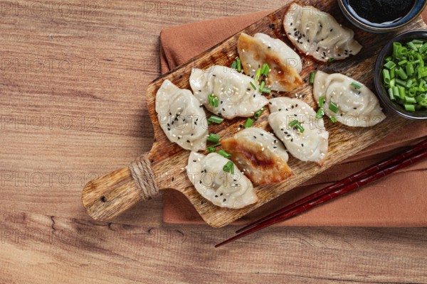 Gyoza Japanese dumplings, fried, with sauce, with green onion and sesame seeds, no people, selective focus