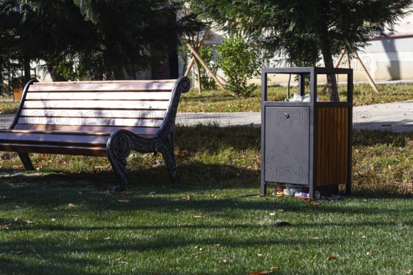 A wooden bench sits alongside a waste bin in a well-kept park. Lush green grass surrounds the seating area, offering a peaceful atmosphere for visitors