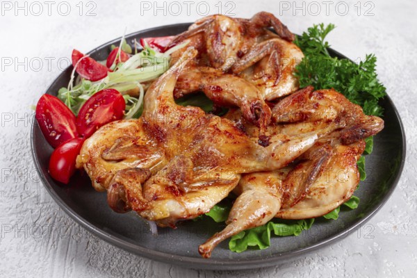 Baked quail, served on a plate with crispy lettuce leaves, fresh tomatoes and herbs, on a dark plate, homemade