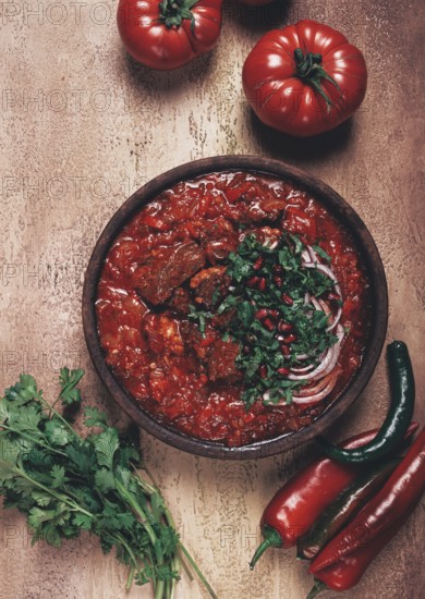 Chashushuli, a traditional Georgian dish, spicy, stewed meat with tomatoes and spices, homemade, no people