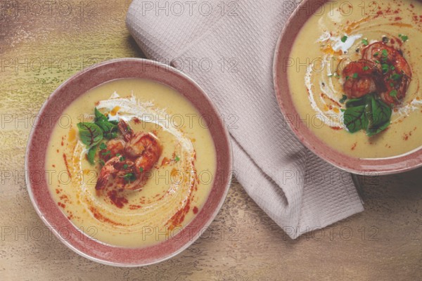 Pumpkin cream soup with shrimp, herbs and spices, homemade, no people