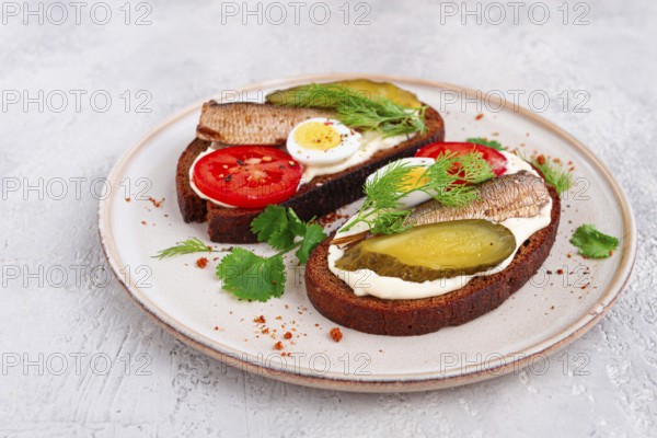 Sandwiches on rye bread, with sprats, quail eggs, fresh tomatoes and pickled cucumber, appetizer, breakfast, homemade