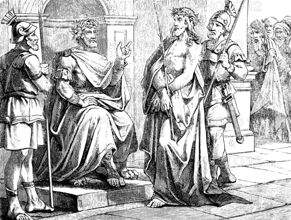 I am a King, Jesus with Crown of Thorns in front of Pilate, Gospel of John, Chapter 18, John the Baptist, High Priest, Jew, Judaism, Law, Judaism, Judgment, War Servants, Weapons, Sword, Interrogation, New Testament, Bible, Historical Illustration 1877