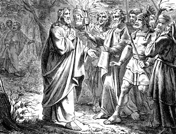 Capture of Jesus of Nazareth, Bach Kidron, Gospel of St. John, Chapter 1, John the Baptist, Prisoner, Judas, High Priest, Torches, Arrest, Pharisees, Weapons, New Testament, Bible, Historical Illustration 1877