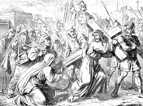 Jesus carrying his cross, Gospel of John, chapter 19, John the Baptist, Pilate, people, anger, crucify, place of skull, Calvary, SPQR, horsemen, crosses, New Testament, Bible, historical illustration 1877