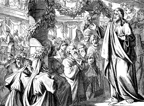 Jesus calls the people to him on the last day of the Feast of Tabernacles, Gospel, chapter 7, listener, crowd, pillars, leaves, John the Baptist, leaf breast, pious, seduce, Jews, doctrine, honor, temple, Pharisee, high priest, Saint Spirit, New Testament, Bible, historical illustration 1877
